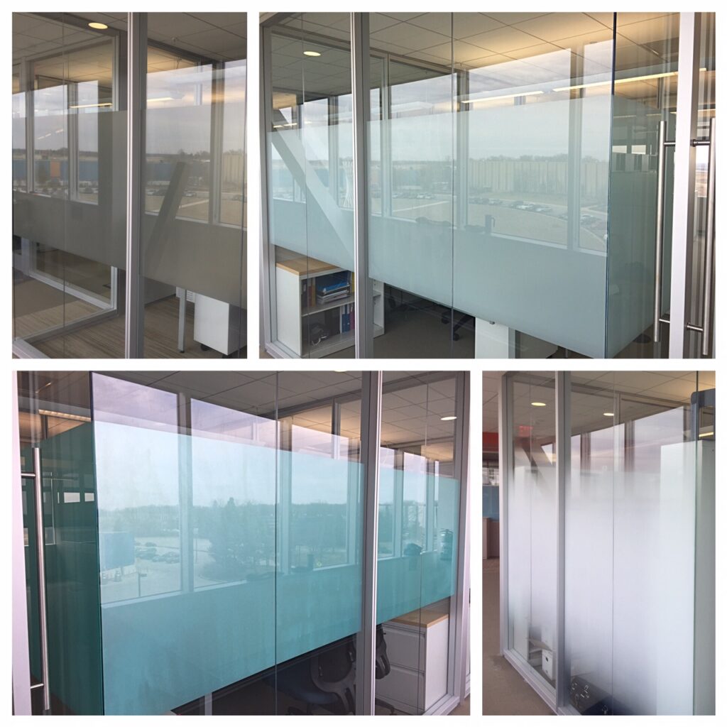 Four glass office fronts at a library, each with a different privacy or decorative film applied during a side-by-side mockup, including a gradient film that fades from frosted at the bottom to clear at the top.