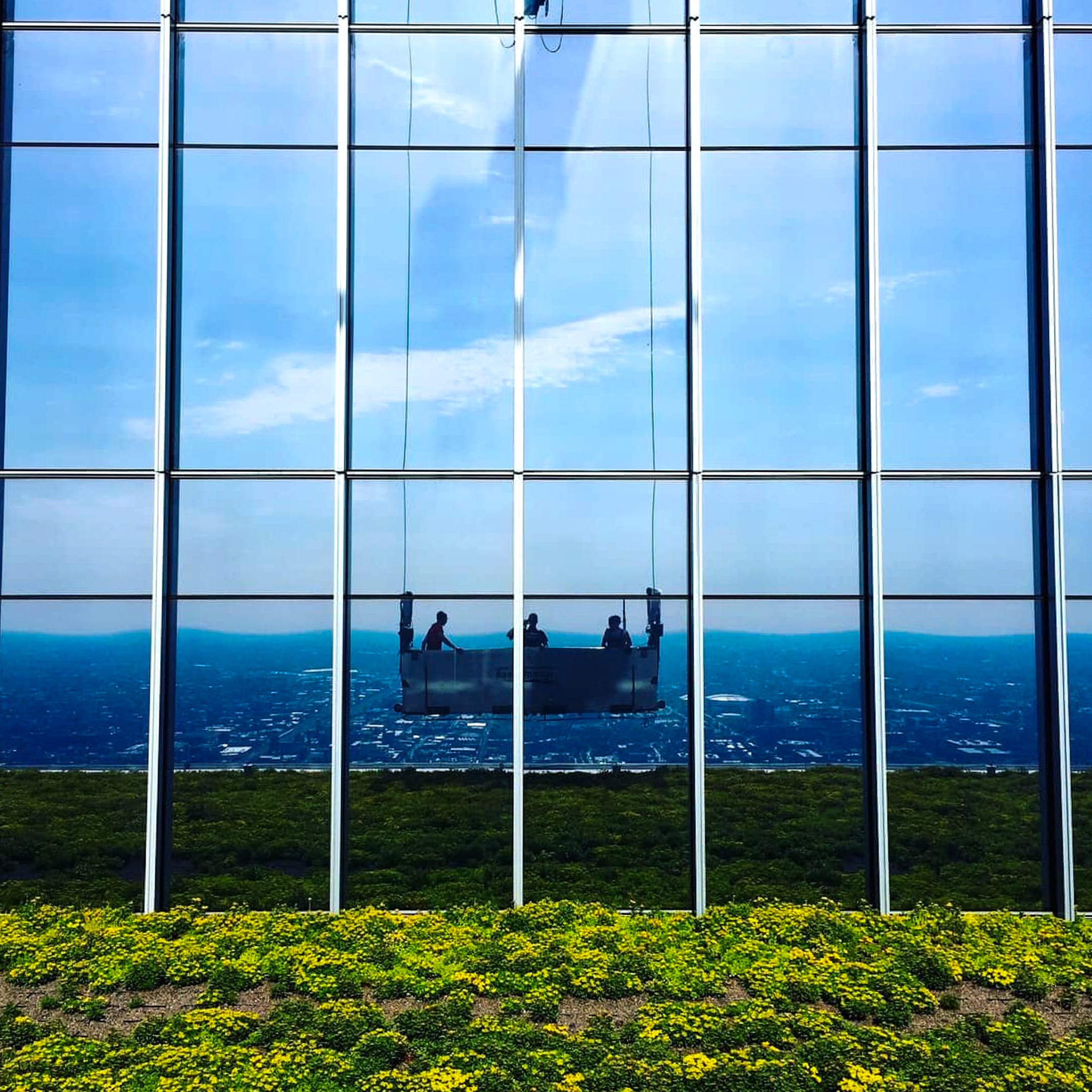 Commercial window film install from a swing stage in Chicago.