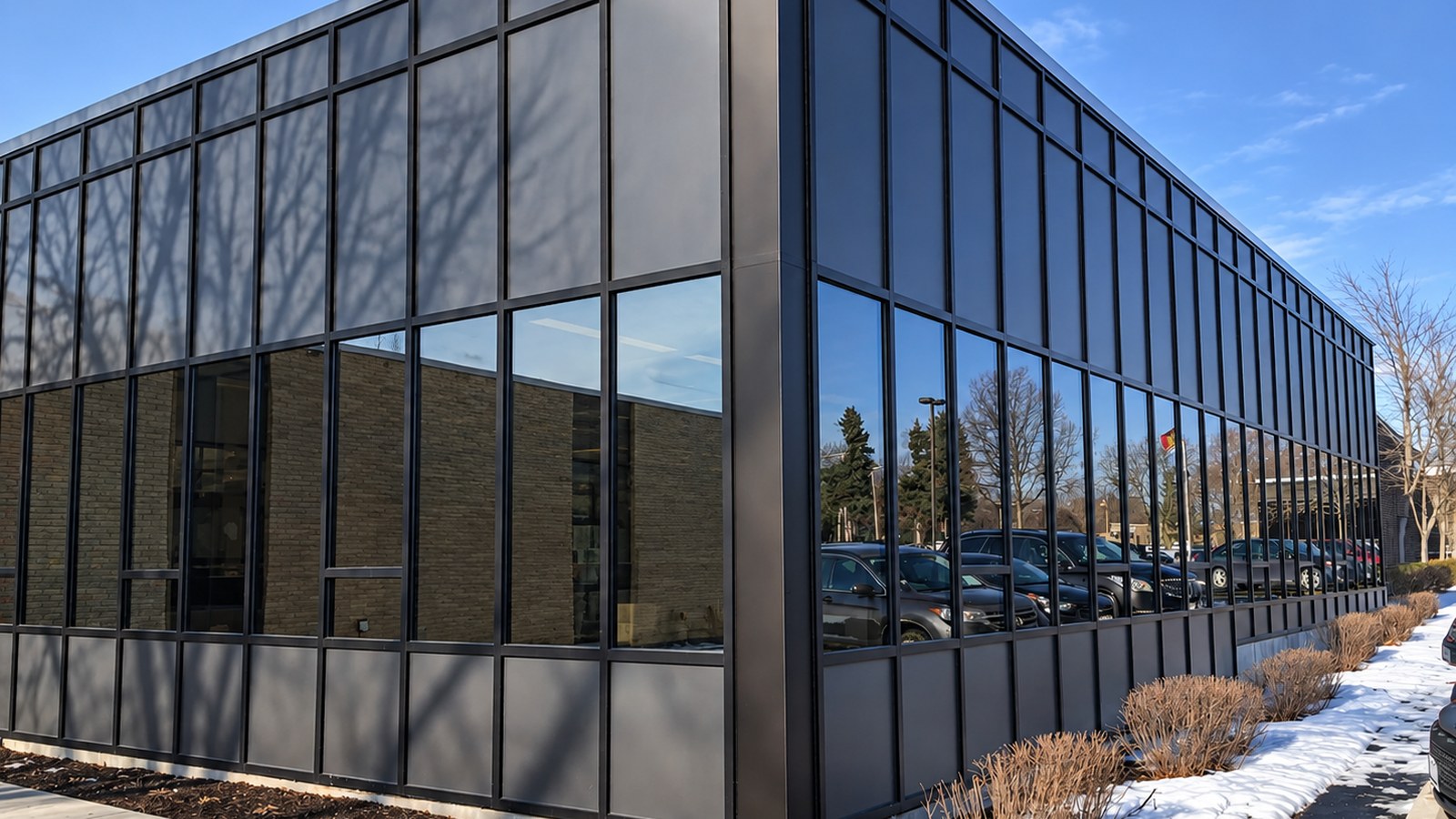 Reflective window film on a commercial building showing reflections of trees and parked cars in daylight.