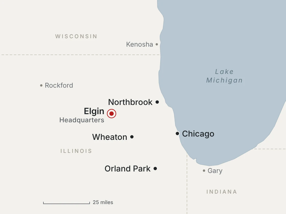 Map of northern Illinois with Lake Michigan, marking Elgin (headquarters), Northbrook, Wheaton, Chicago and Orland Park, with Rockford, Kenosha and Gary for reference.