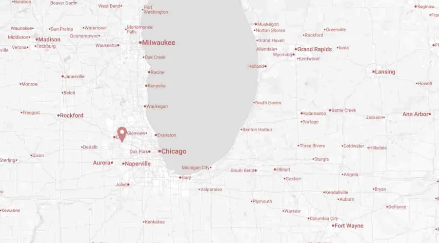 Map of northern Illinois, southern Wisconsin, northwest Indiana and southwest Michigan, with a pin at Elgin.