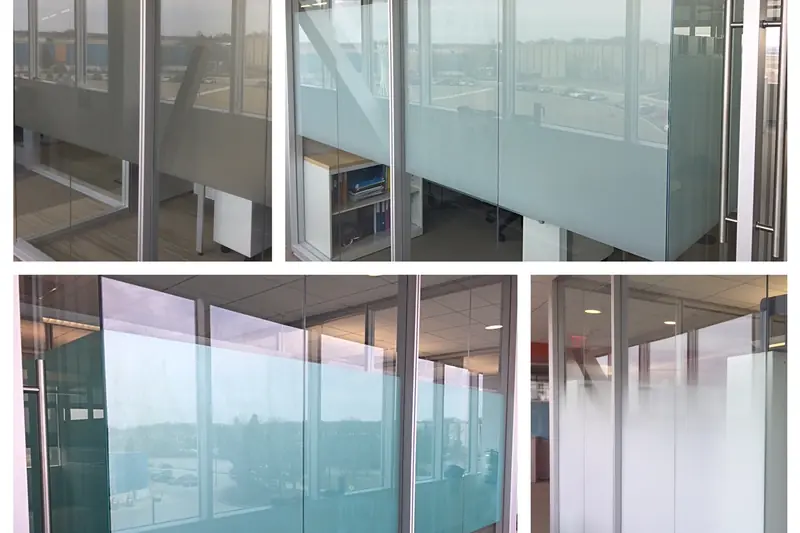 Four glass office fronts at a library, each with a different privacy or decorative film applied during a side-by-side mockup.